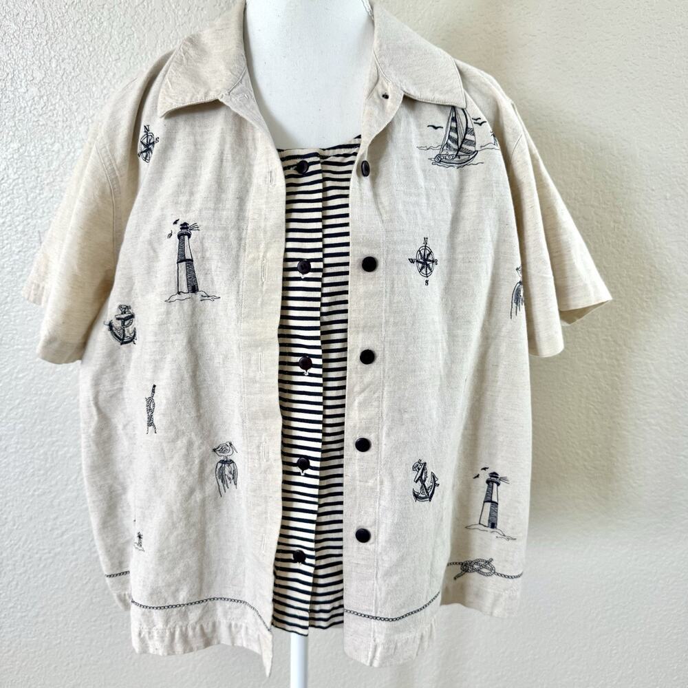 Lemon Grass Womens XL Linen Blend Nautical Embroidered Faux Layered Shirt Top